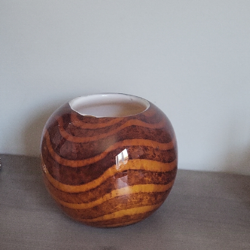 Vintage Tiger Stripe Art Glass Vase, Amber Blown Glass Bowl, Glass Sphere Vase,